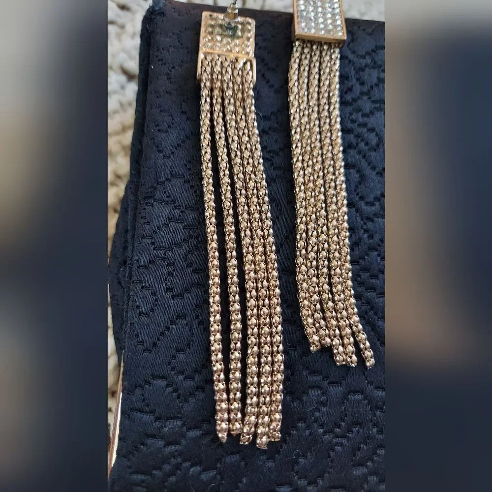 Dramatic Gold Rhinestone & Chain Dangle Earrings - Picture 3 of 5